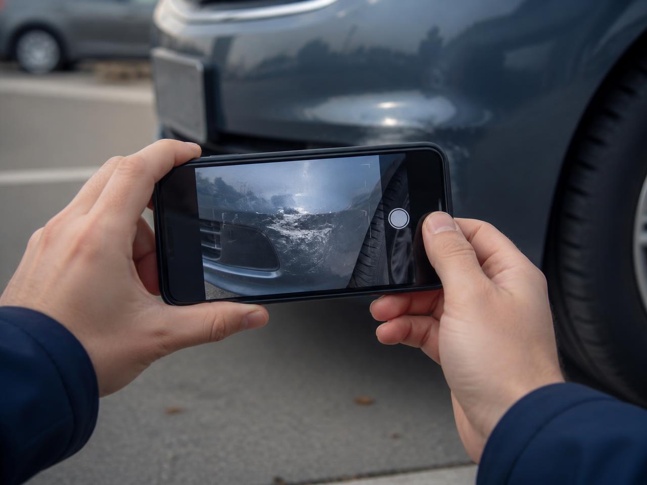 Person photographing bumper damage on a parked car with a smartphone