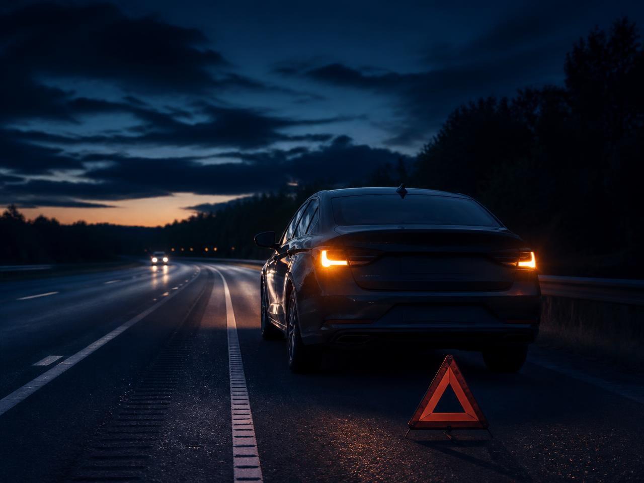 Sedan stopped on a highway shoulder at dusk with hazard lights and a warning triangle